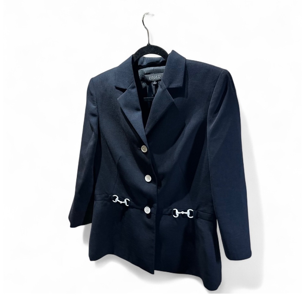 Kasper Womens Navy Blue Blazer Size‎ 10 Button Front Horsebit Detail Pockets